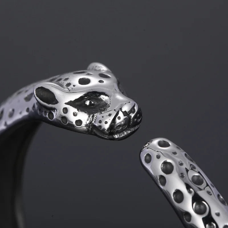 REBEL Unisex Fashion Stainless Steel Leopard Head Charms Open Cuff Bangle Bracelet