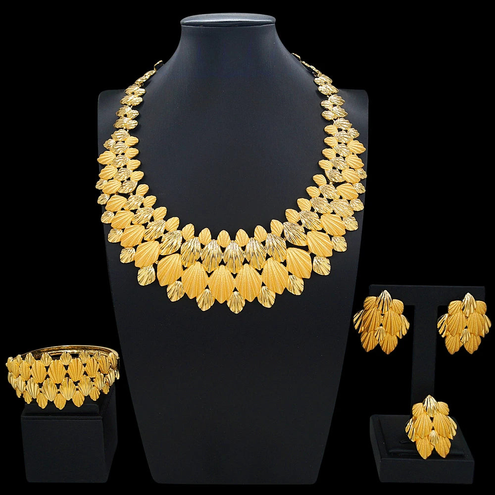 Zhuerrui Gold Plated Fan Leaf Texture Jewelry Set 4pcs Women Necklace Earrings Bracelet Ring for Wedding Evening Party I0073