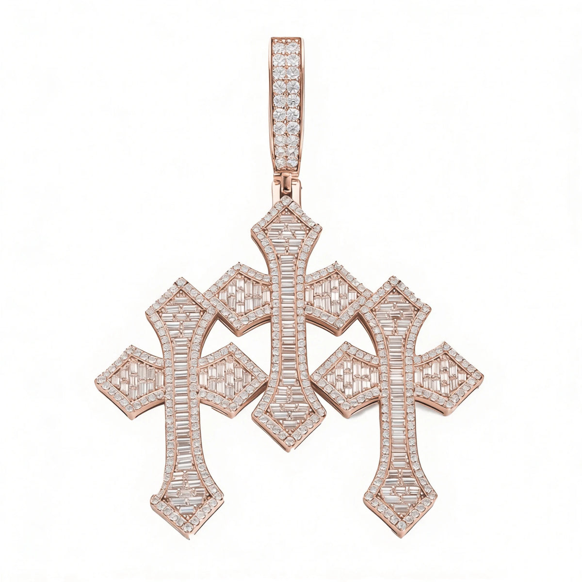 Sparkling Religious Jewelry Hip Hop Mens 18K Gold Plated Brass AAAAA Baguette CZ Diamond Iced Out Triple Cross Pendant
