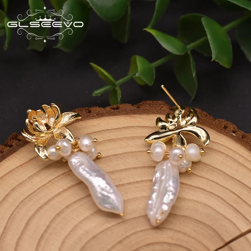 Flower Shape Charm Drop Earrings for Women Natural Freshwater Baroque Pearl Christmas Earrings Luxury Jewelry Earrings Bulk