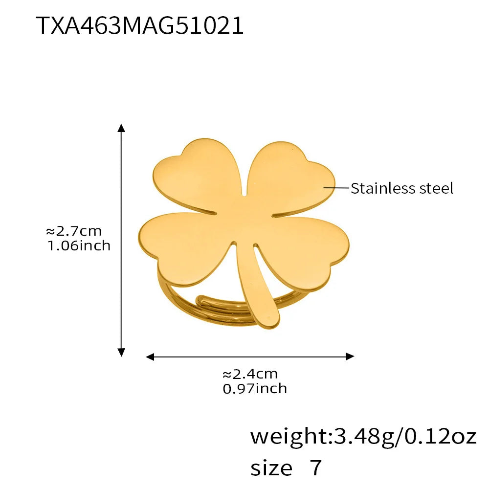 Lucky Four-Leaf Clover Sweater Chain Necklace, Earrings & Ring | Gold Plated Stainless Steel Jewellery Set