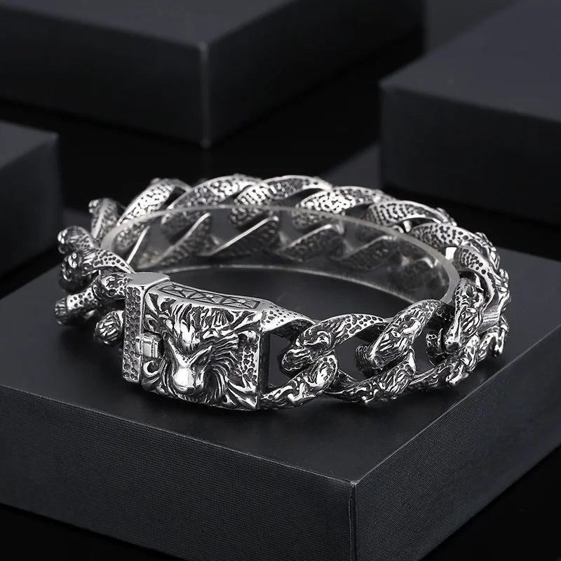 VIKING Mens Punk Lion Head Pattern Link Bracelet – Silver Stainless Steel