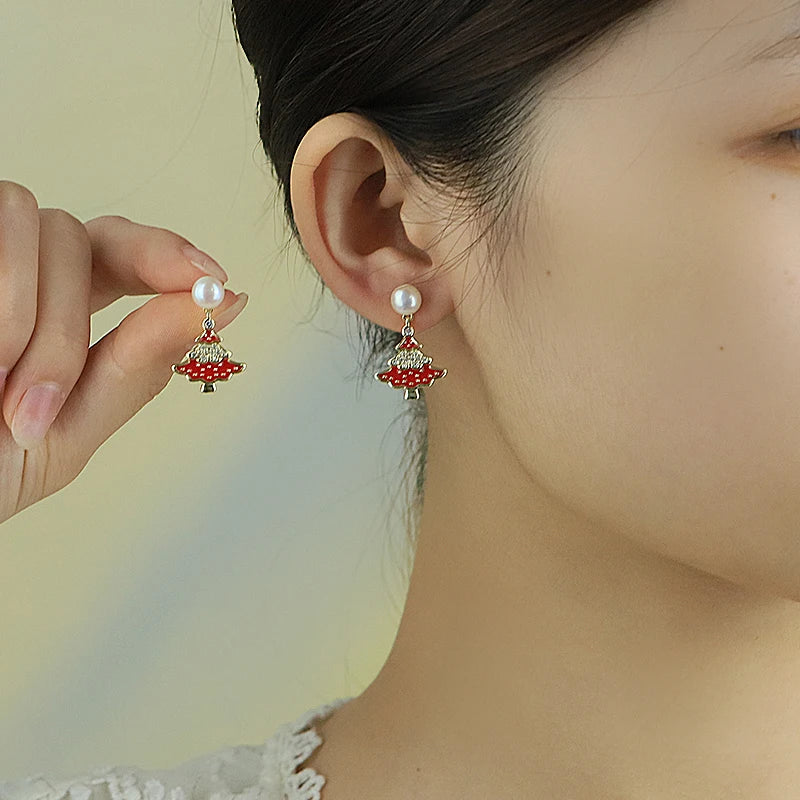 Natural Freshwater Pearl Red Tree-Like Dangle Earrings New in Earrings Gift for Women Girl Christmas Holiday Jewelry GE1744