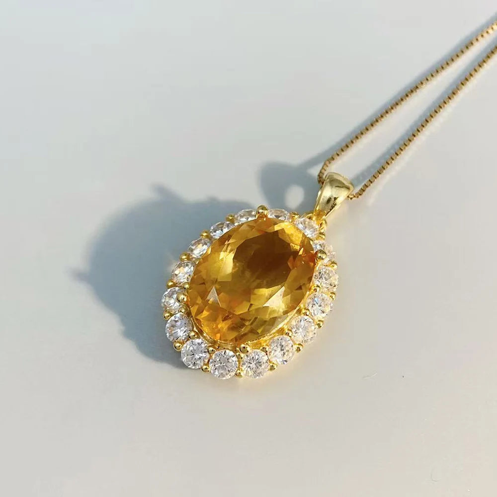 Gioiellieri 925 Sterling Silver Natural Citrine Pendant November Birthstone Yellow Gemstone Oval Cut Solitaire Necklace Chain Engagement