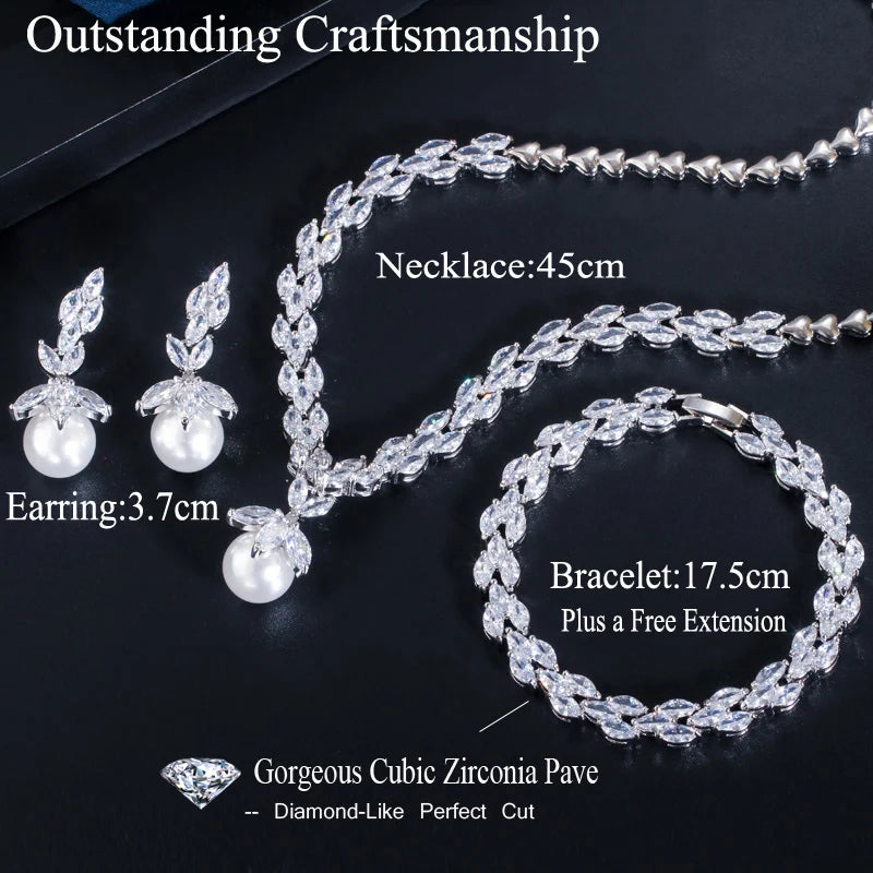3pcs Silver Color Marquise Cut Cubic Zirconia Big Pearl Drop Earring Bracelet Necklace Jewelry Sets Ladies Bridal Wedding Custom