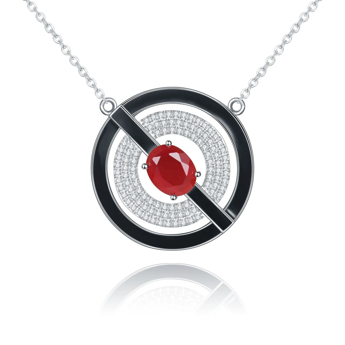 ArtistA Abiding Special Design Geometric Circle Round Disc Blue Diffusion Sapphire Topaz Red Agate Gems Forbidden Sign Charm Necklace