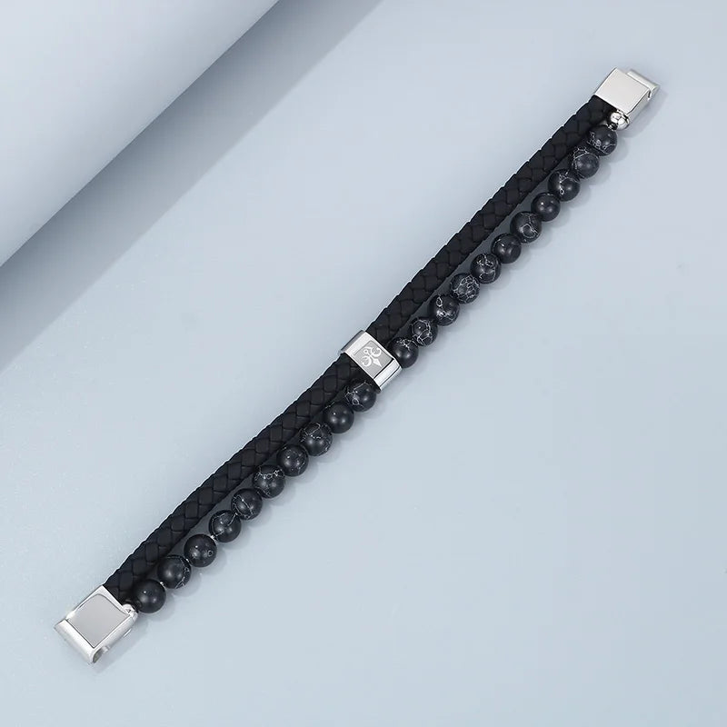 KALEN 210mm Men Mature Stainless Steel Beads&Cowhide Leather Bracelet