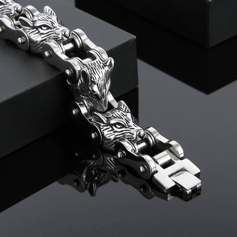 KALEN Punk Stainless Steel Fashion Bracelets Bangles Wolf Heads Bike Chain Bracelet for Men