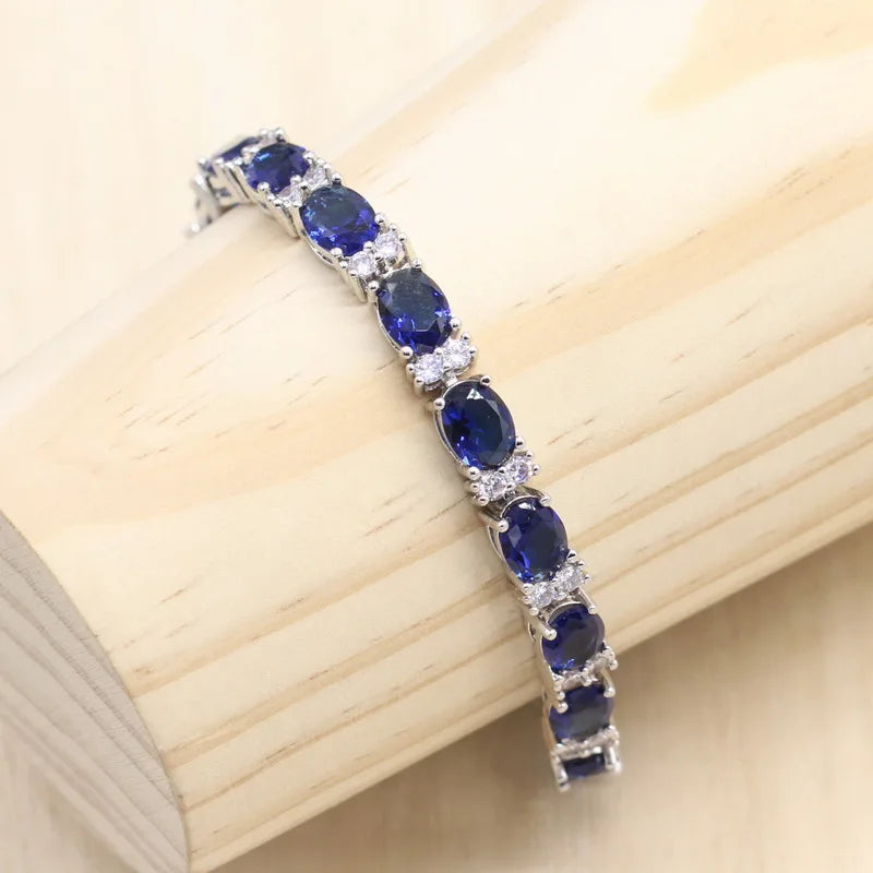 XOTICA Royal Blue Semi-Precious Silver Color Jewelry Set for Women Includes Bracelet Earrings Ring Classic for Wedding Engagement