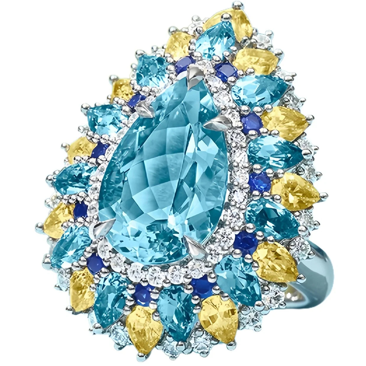 MUSHAN Luxury 925 Sterling Silver Wedding Bands Rings Sunflower Inlay Blue Teardrop Shape High Carbon Diamond Pave Setting Women