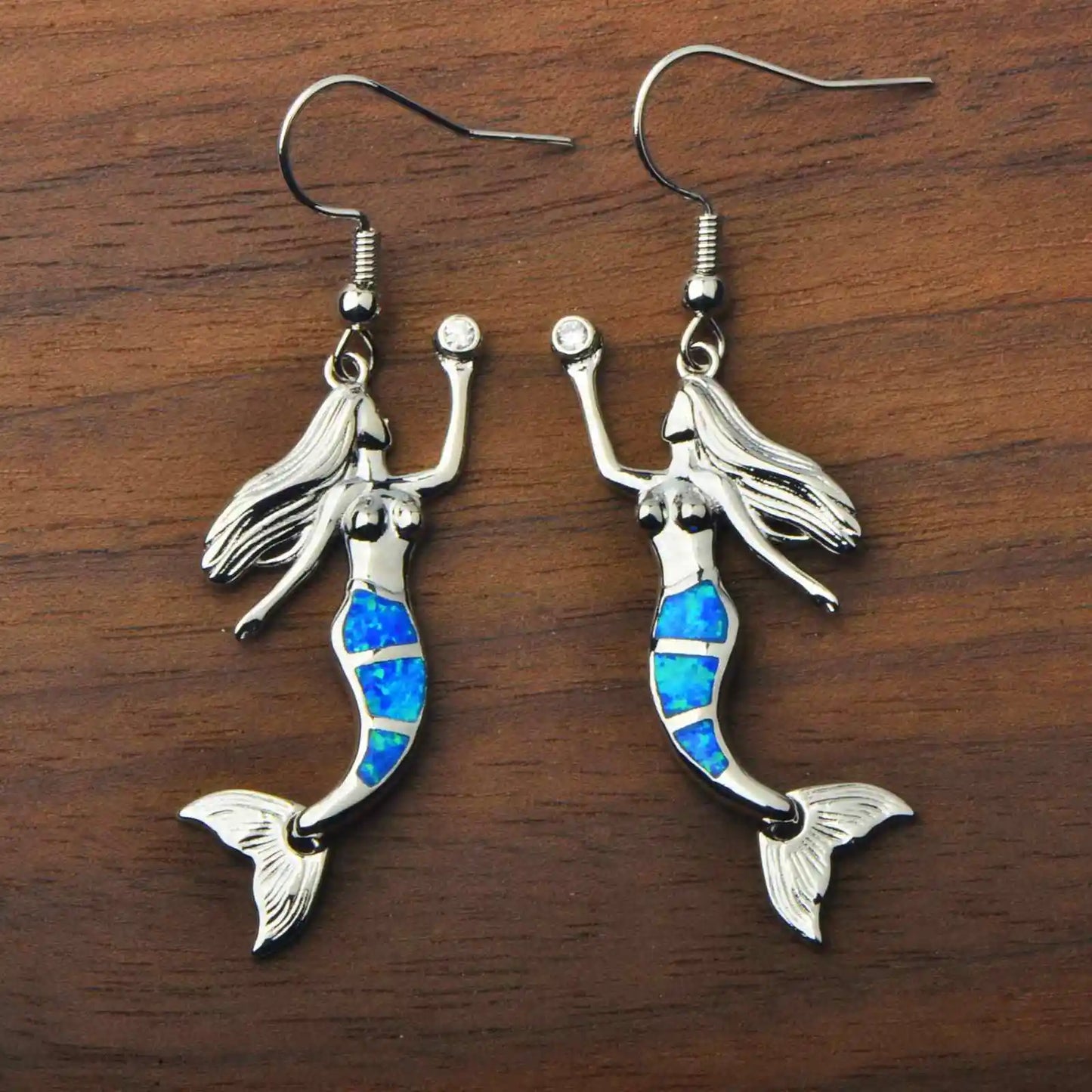 Enchanted Mermaid Opal Drop Earrings - Blue Fire Opal Tail & CZ Accent Design | Fairy-Tale Ocean Jewelry Bulk Gifts
