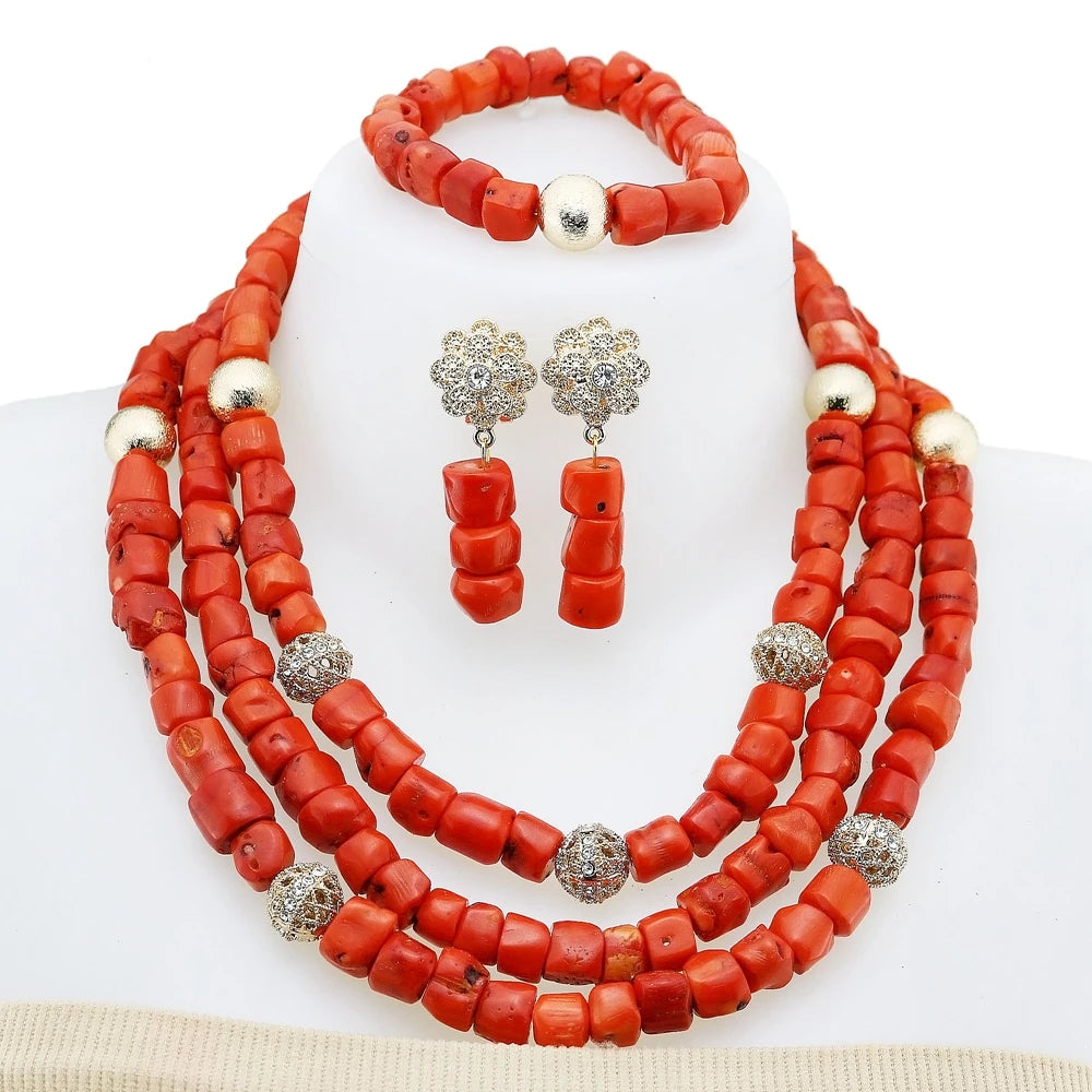 Zhuerrui Elegant Red Coral Beads Design Set Gold Accessories Necklace Sets Exquisite Craftsmanship Suitable for Party YL3131