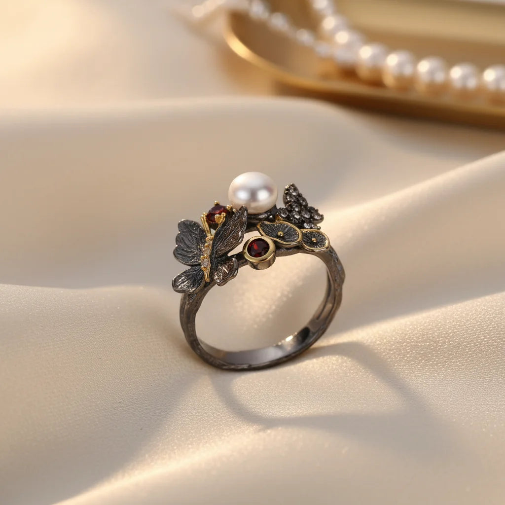 Butterfly Design Button Pearl 925 Sterling Silver Ring