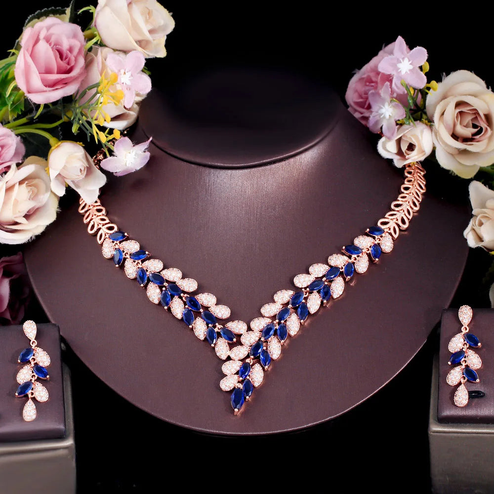 Premium Cubic Zircon Necklace Earring Luxury Leaf Design Dubai Gold Color Jewelry Set for Women Engagement Party Accessories
