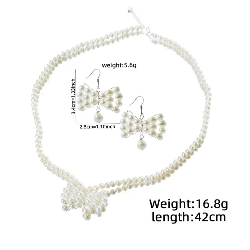 Natural Pearl Bowknot Sterling Silver Necklace Earrings Luxurious High-Quality Set for Banquet Wedding Women's Jewelry GS0228
