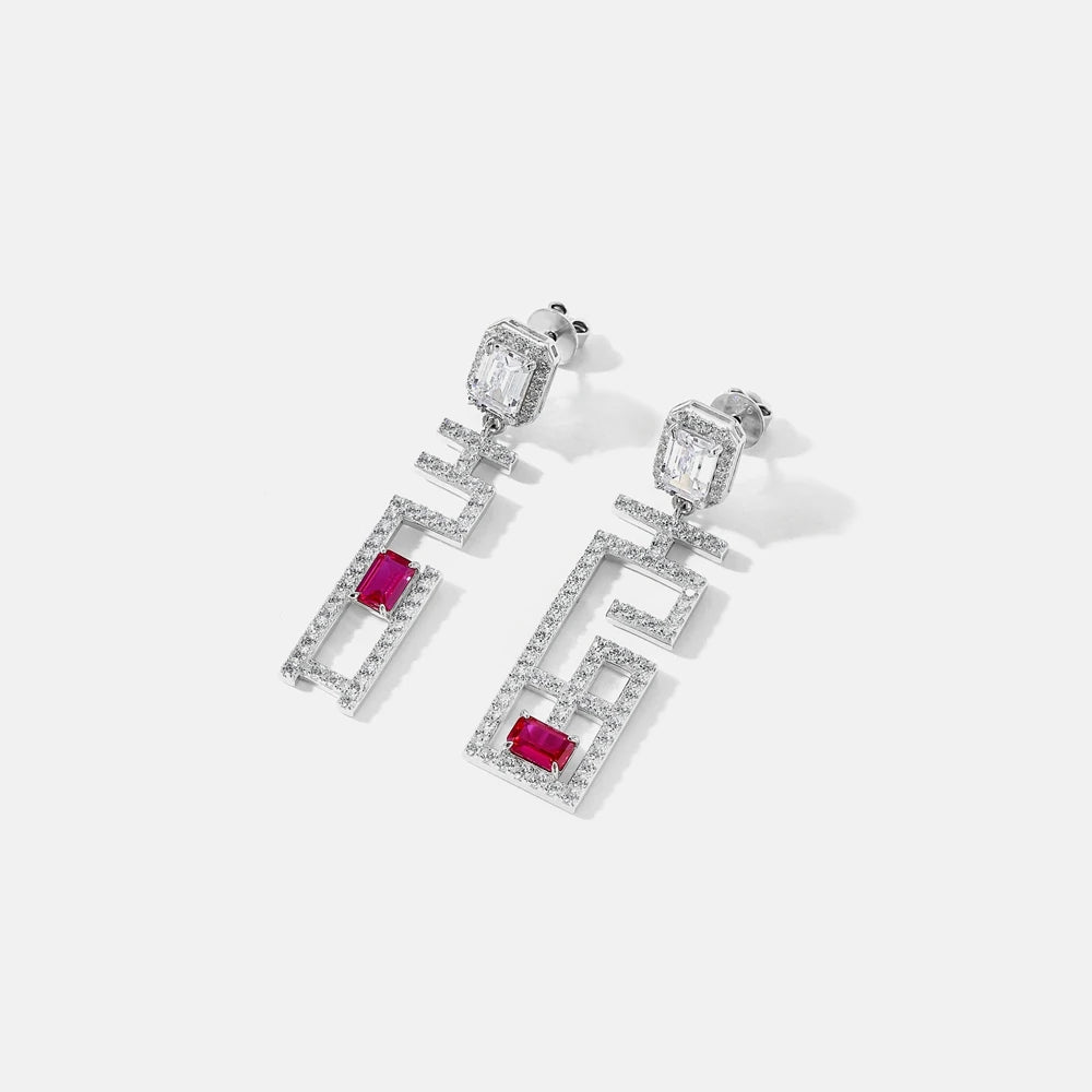 SILVERELLI Red Sapphire & Diamond Asymmetrical Stud Earrings | S925 Sterling Silver | Light Luxury