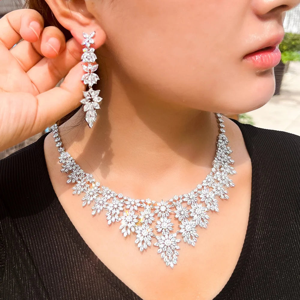 Luxury Big Statement Heavy Cubic Zirconia Women's Long Tassel Wedding Necklace and Earrings Pageant Jewelry Sets for Brides