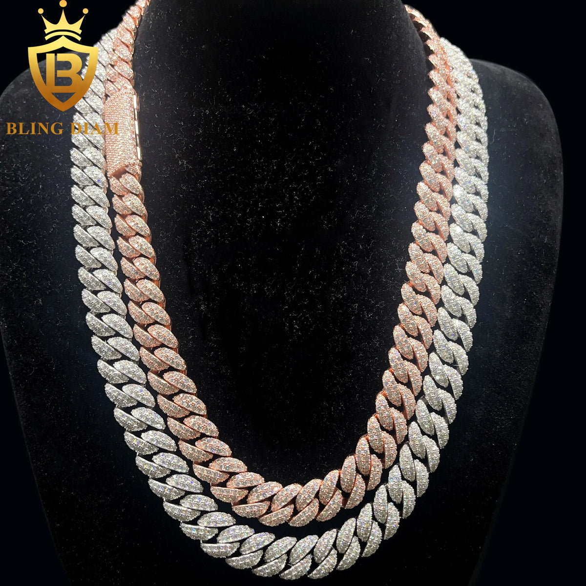 BiG-BOSS In Stock 12mm Moissanite Cuban Link Chain Necklace Iced Out 925 Silver diamond Rose Gold Cuban Chain Hi Hop Rapper Jewelry