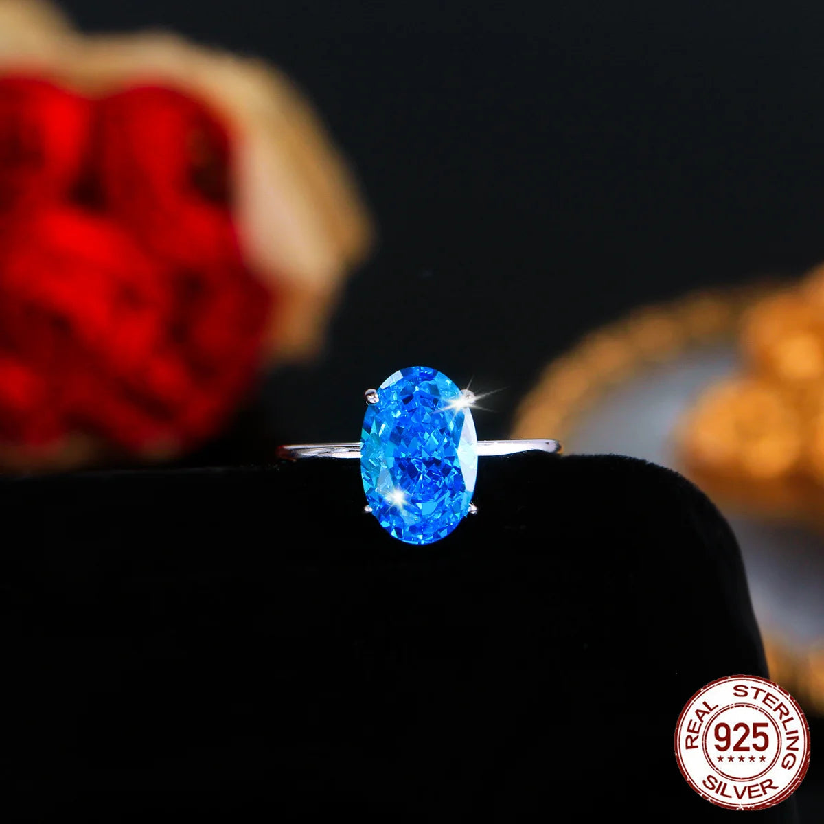 S&S 925 Sterling Silver Blue Oval-Cut CZ Cocktail Ring – Rhodium Plated – Collection