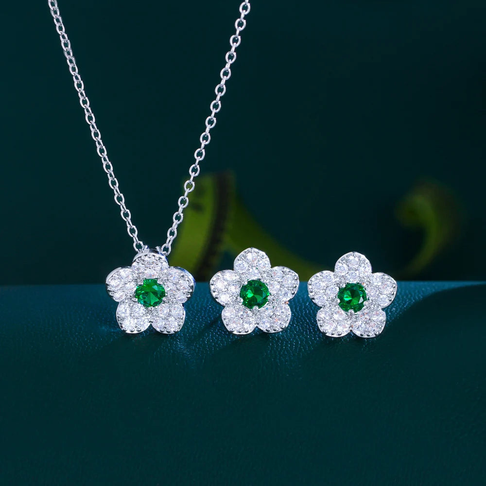 S&S Flower CZ Necklace & Earrings Set – Red, Blue, White & Green – Collection