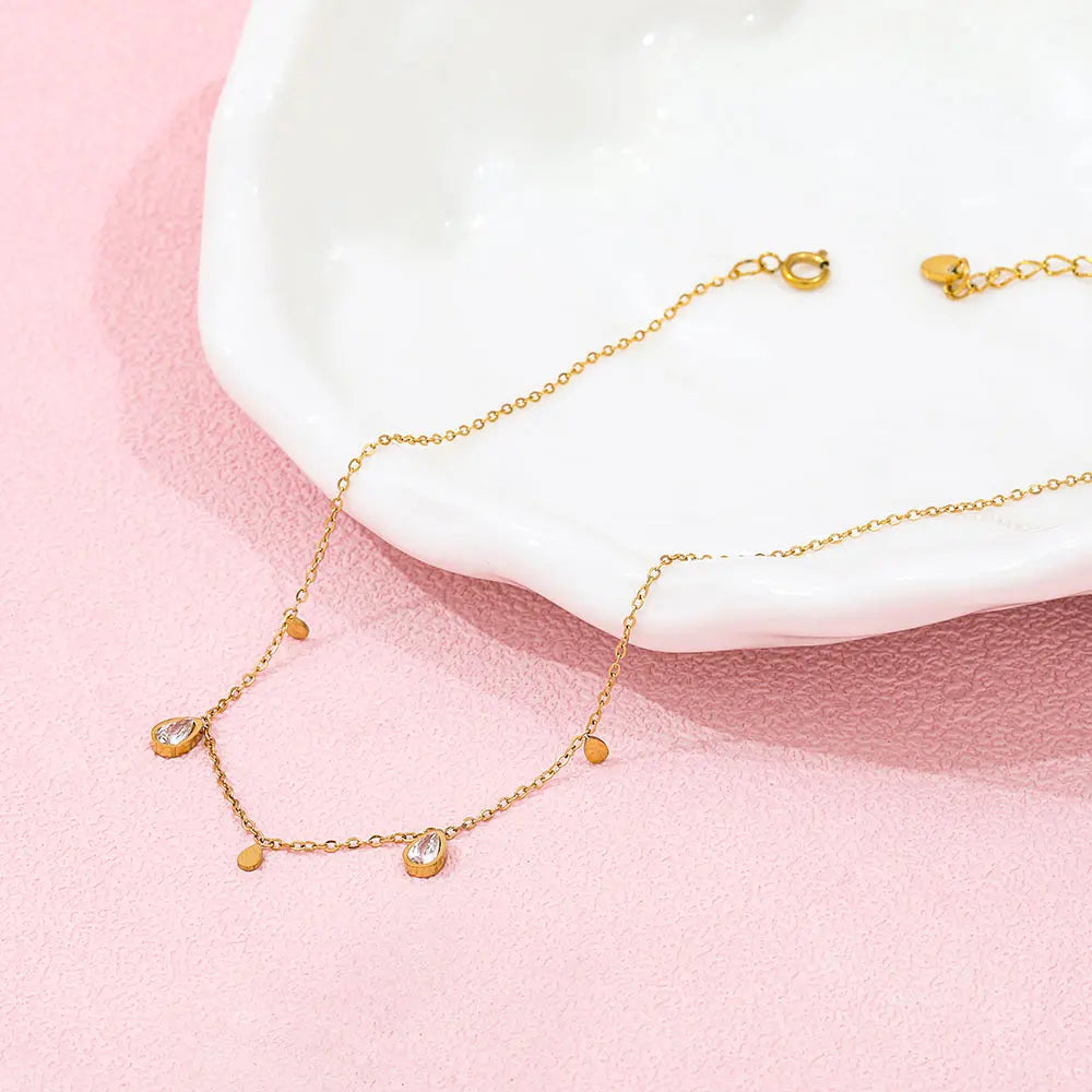Dainty 18k Pvd Gold Plated Non Tarnish Free Waterproof Water Drop Zircon Tassel Stainless Steel Anklet