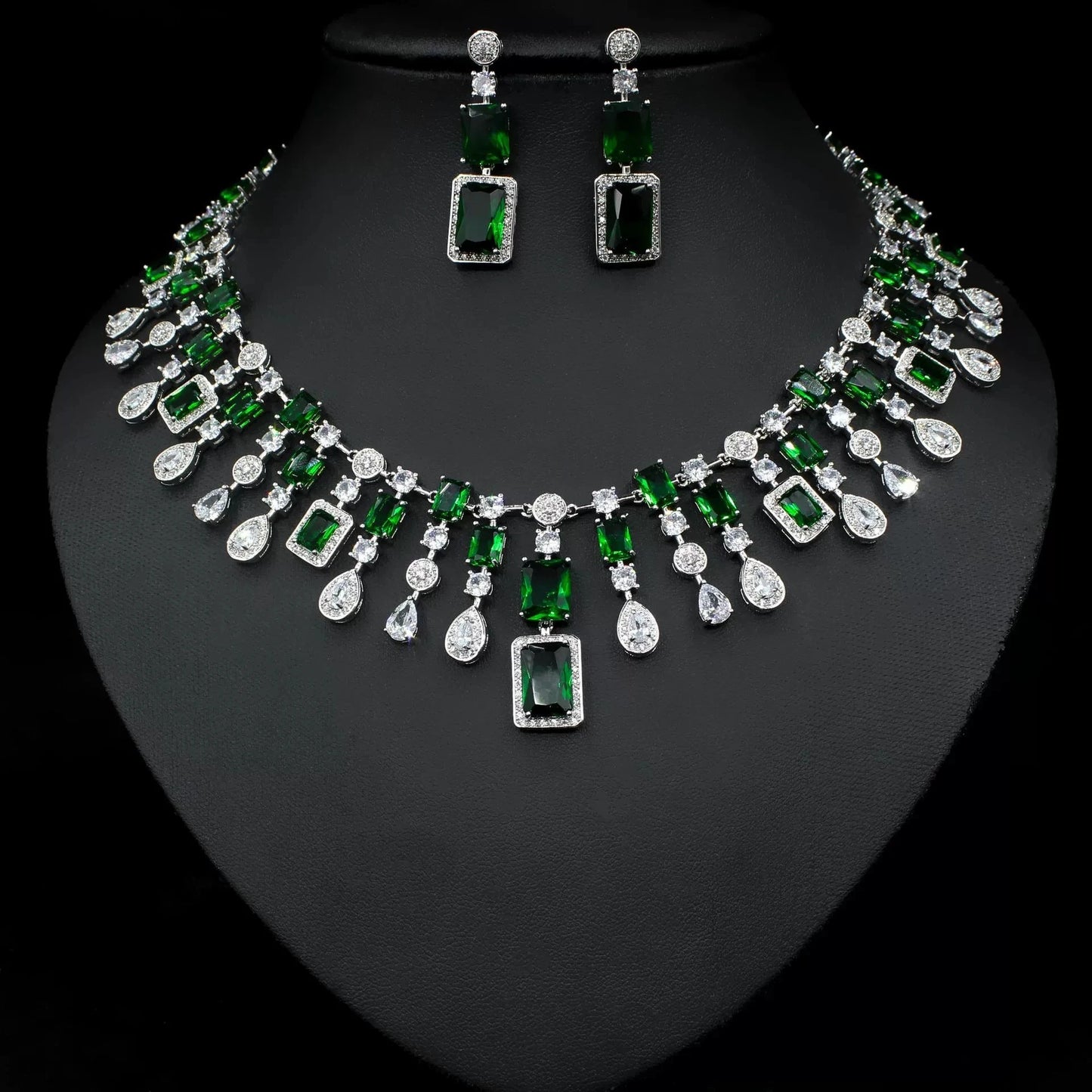 Luxury Cushion-Cut Zirconia Flower Statement Necklace & Drop Earrings Set — Silver Plated
