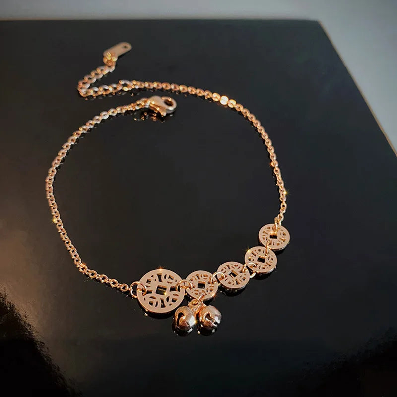 Wholesale Trendy Women Stainless Steel Rose Gold Foot Chain Bracelet Bell Coin Anklet