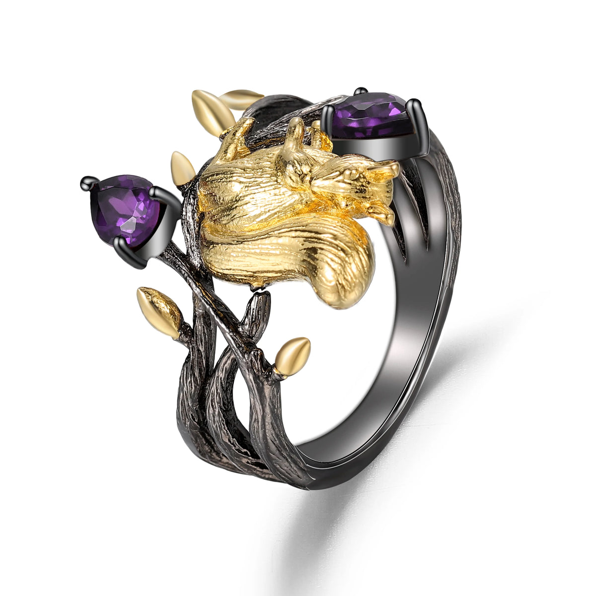 ArtistA C7874 Abiding Forest Spirit 925 Silver Gold-Plated Natural Forest-Core Niche Design Amethyst Squirrel Jewelry Set