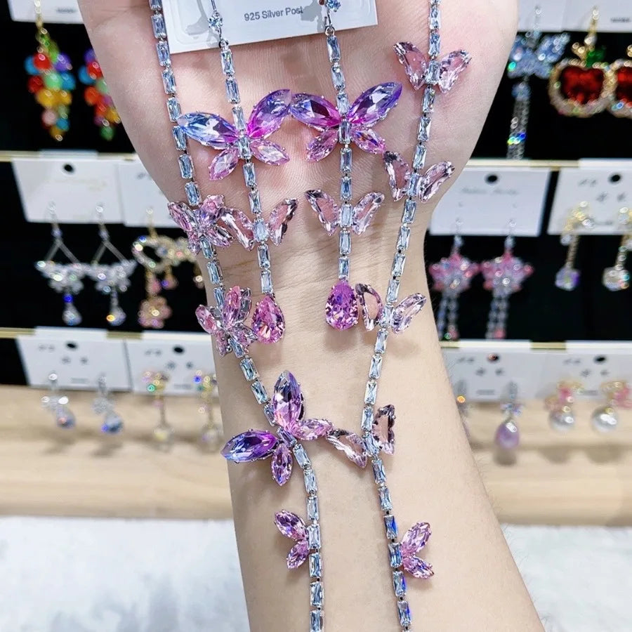 K050 High End European Fashion Luxury Exquisite Pink Zircon Butterfly Necklace and Earrings Set Women Classic Jewelry Set