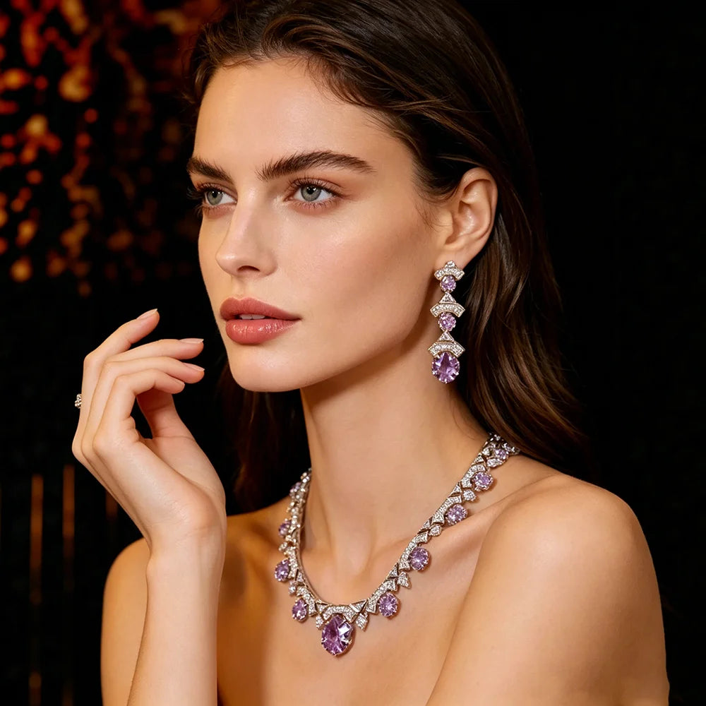 Luxury Cushion-Cut Purple Zirconia Floral Statement Necklace & Drop Earrings Bridal Set — Silver Plated