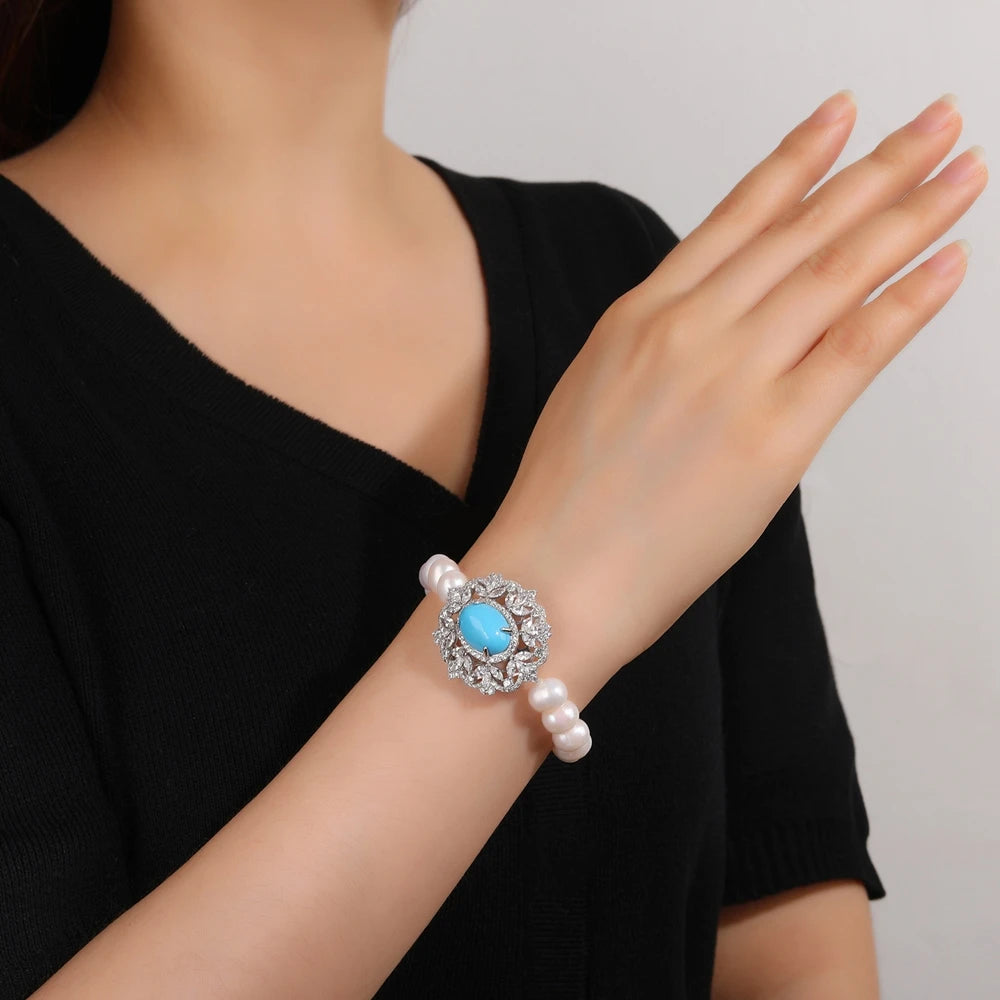 Silverelli | 925 Silver Pearl & Blue Turquoise Bracelet | 18K Gold Plated | Claw Setting