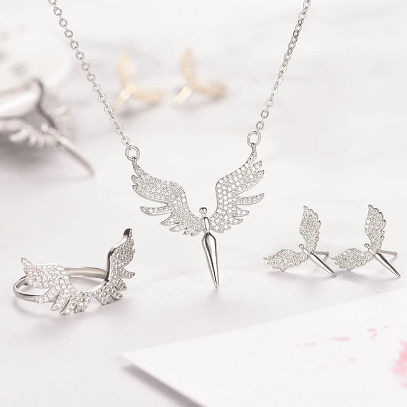 Copper Plated Angel Wings Jewelry Set for Women Full Inlaid Zircon Pendant Necklace Earrings Ring for Parties