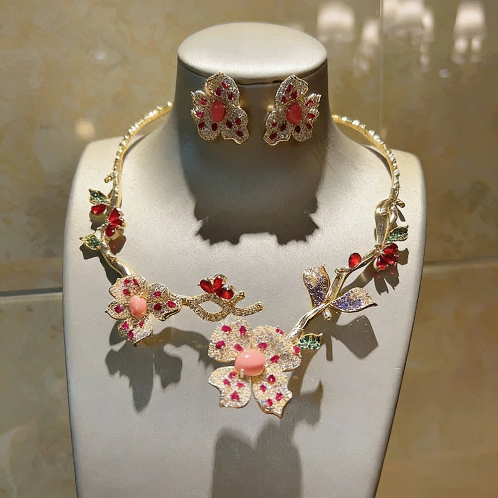 XM S207 Platinum Plated Princess Cut Zircon Floral Statement Necklace & Drop Earrings Bridal Set