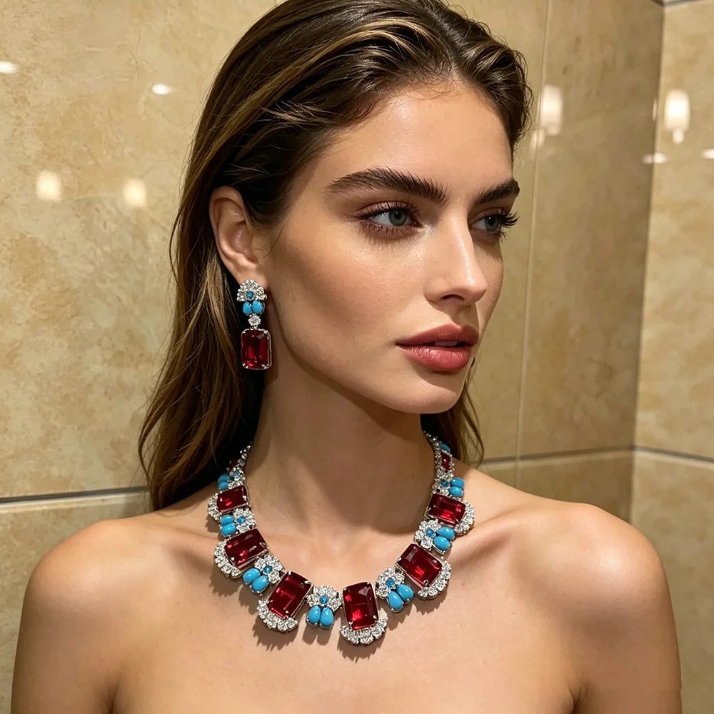 XM S406 Marquise Zircon Floral Choker Necklace & Drop Earrings Set