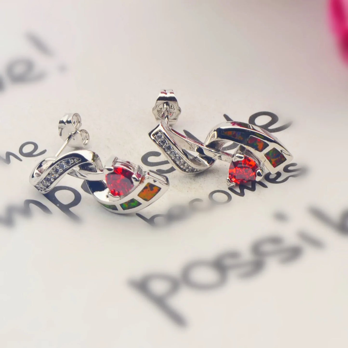 Aobao Silver Plated Brass Opal Christian Heart Earrings Bohemian Style Women's Gift