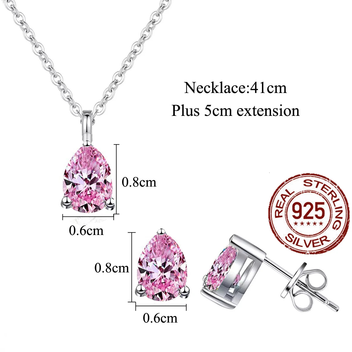 Beauty 925 Sterling Silver Jewelry Set Pink CZ Water Drop Pendant Necklace Stud Earrings Jewelry Set for Women Girls Party Wear