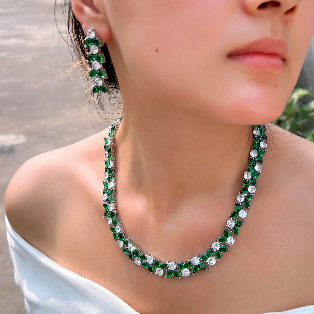 Trendy Green White Color Cubic Zirconia Wedding Brides Anniversary Jewelry Set for Women Necklace and Earrings Dress Accessories