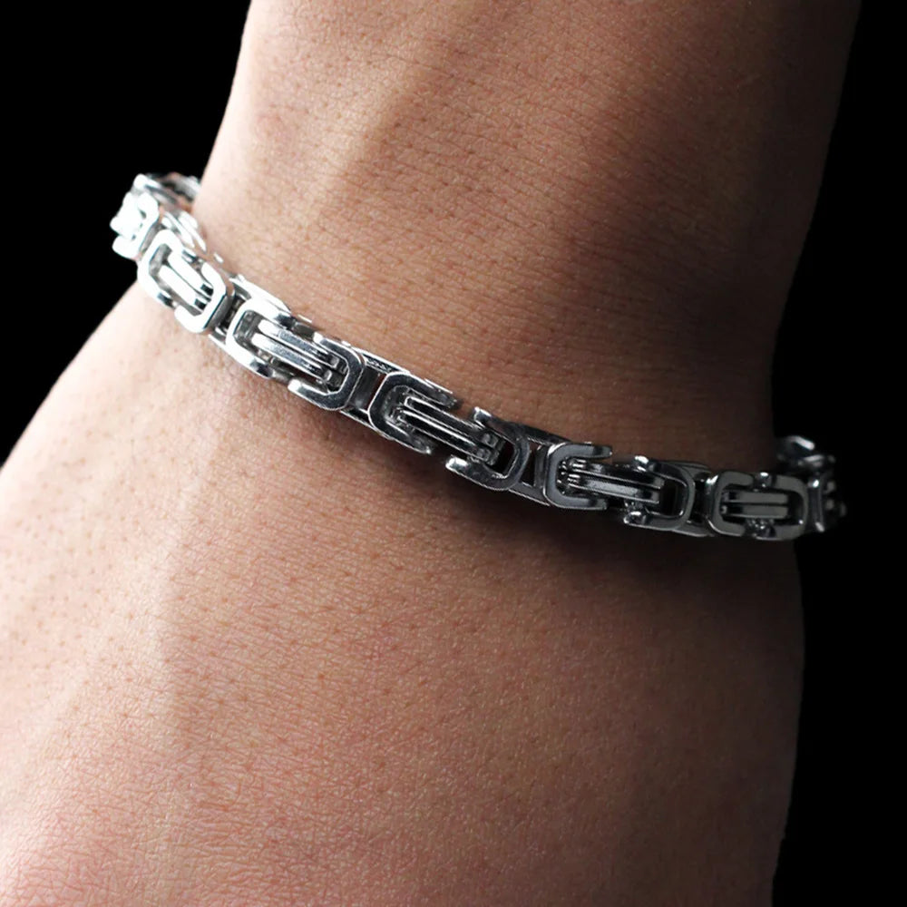 REBEL 925 Sterling Silver Byzantine Cuban Chain for Men and Women Punk Hip Hop Retro Square Lovers Bracelet