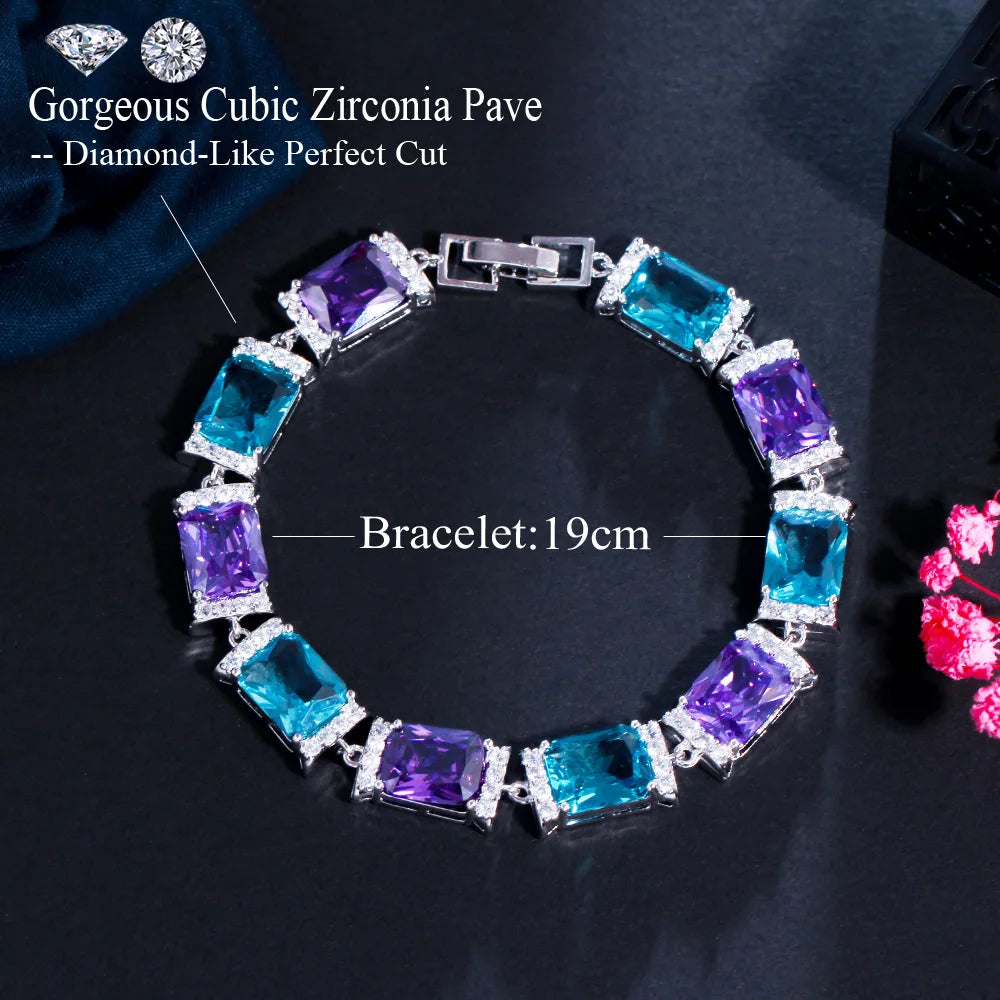 S&S Rectangle CZ Luxury Tennis Bracelet – Purple & Blue – White Gold Plated – Collection