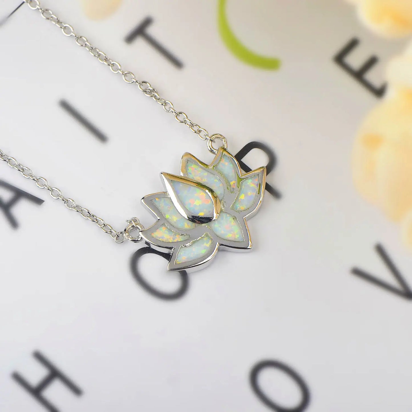 Aobao Christian Copper Opal Flower Lotus Necklace with Sweater Chain Link Chain Silver Plated Minimalist Style Gift