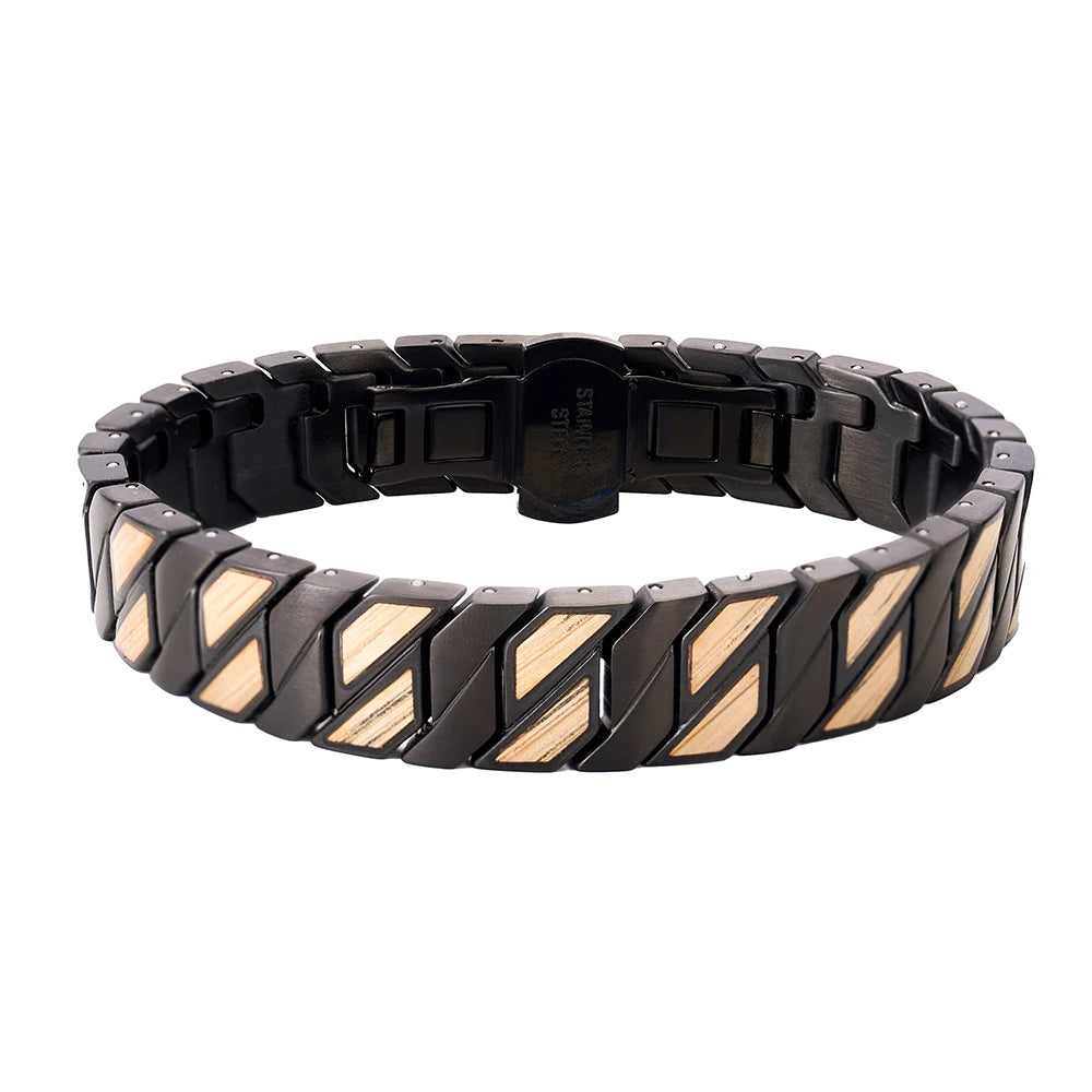 REBEL Gold Plated Punk Style Wooden Bracelet Support Custom Logo Waterproof Hybrid for Men's Anniversary Gift