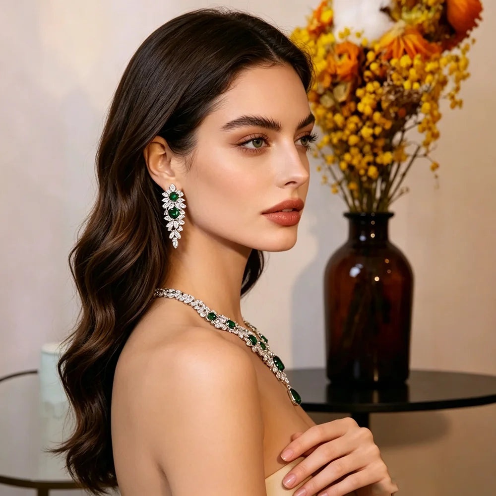 XM S315 Emerald Green Cubic Zirconia Floral Leaf Statement Necklace & Earrings Set