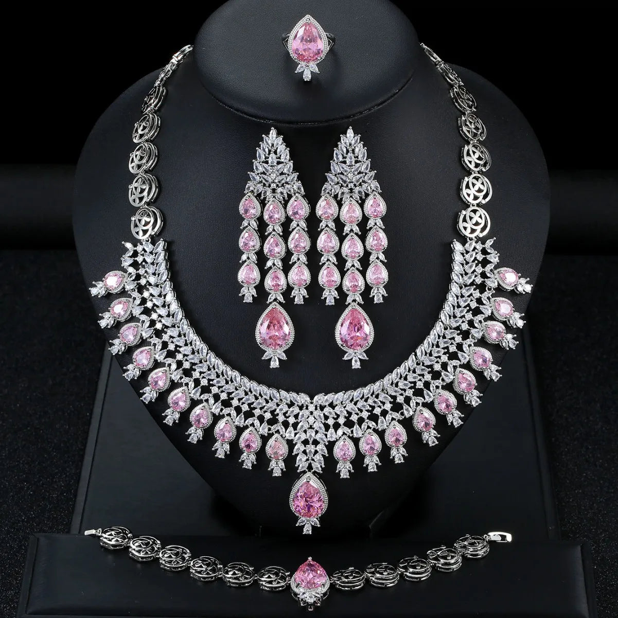 Luxury Dubai Pear-Cut Zirconia Big Tassel Bridal Jewellery Set — Necklace, Earrings, Ring & Bracelet