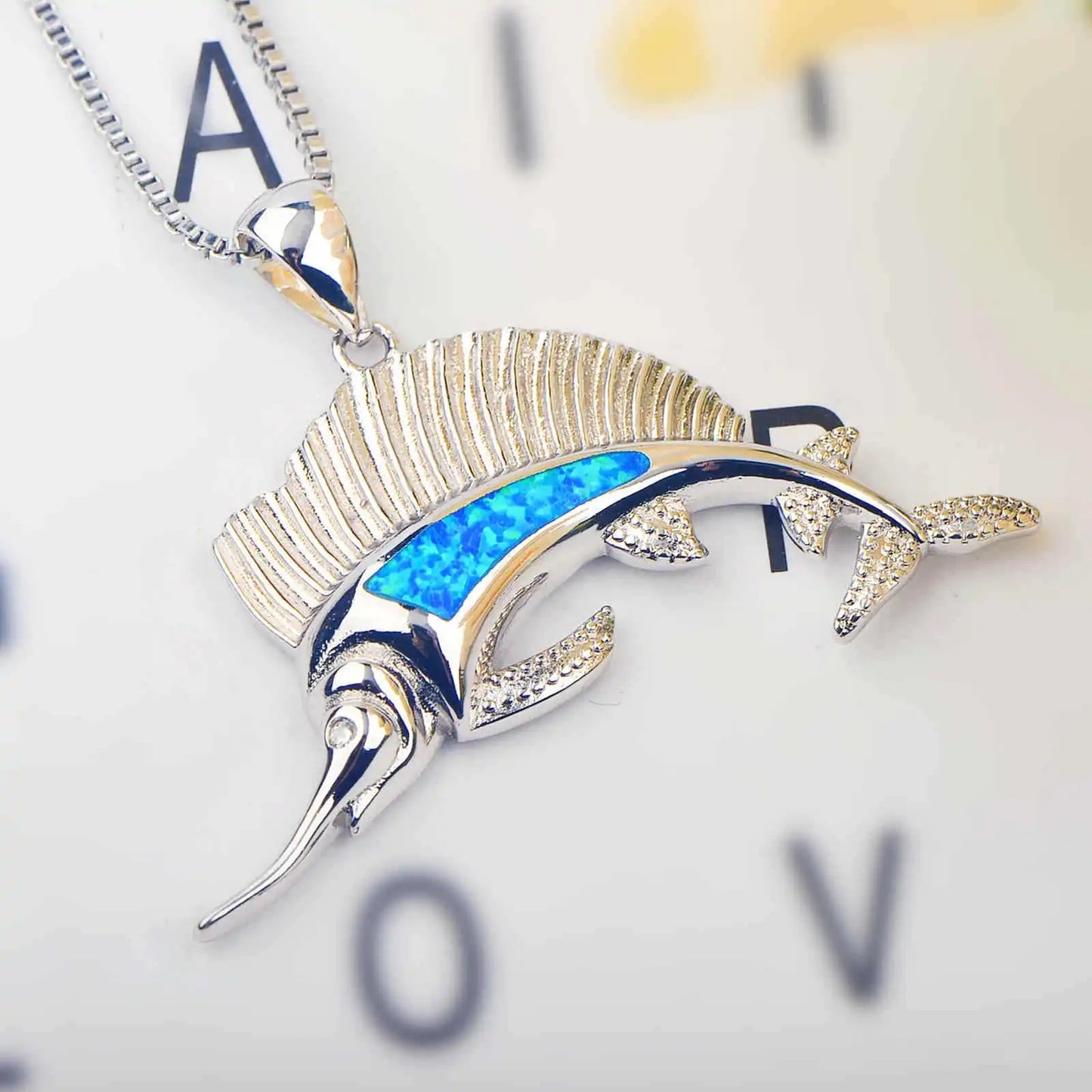 Trendy Christian Copper Silver Plated Ocean Marlin Pendant Blue Opal Sweater Chain Link Chain Nautical Necklace for Beach