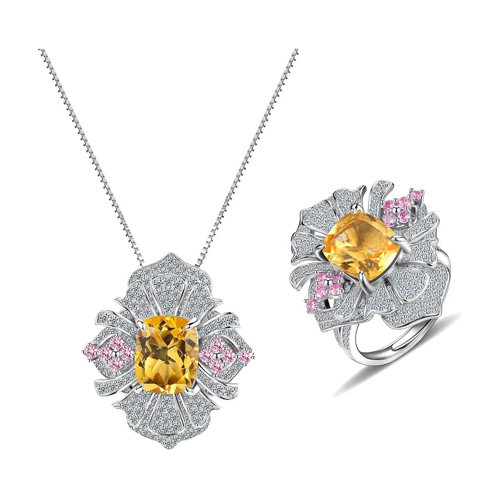 ArtistA Vintage Light Luxury Large Flower Jewelry Set 9X11MM Cushion Natural Stone 925 Silver CZ Flower Pendant Charm Ring Jewelry Set