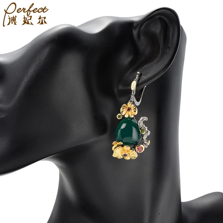 Best Selling Fashion Dangle Green Agate Round Vintage Fine Jewelry 925 Sterling Silver Earrings