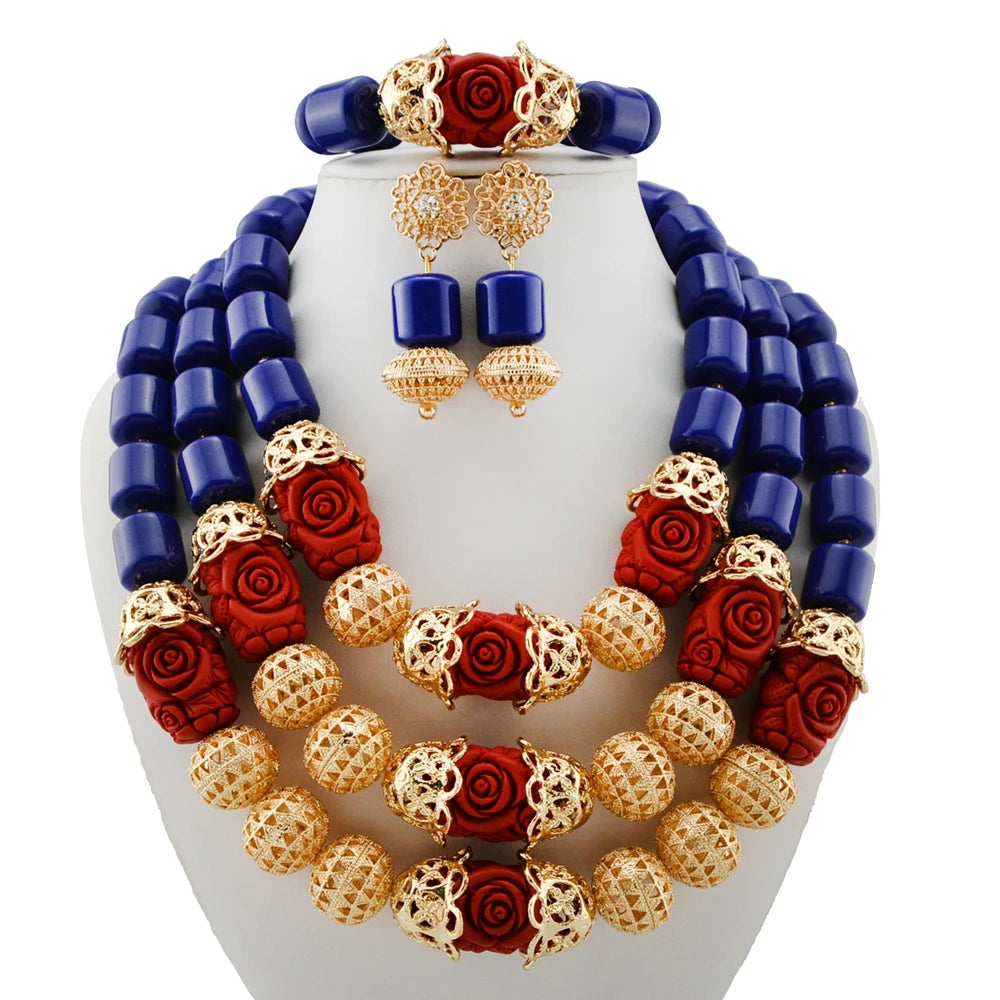 Zhuerrui Traditional Nigerian Red Bead Jewelry Set African Bridal Necklace Earrings for Wedding and Party YL111
