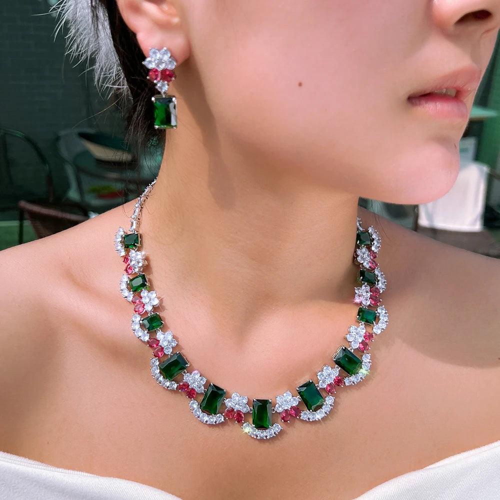 Extravagant Colorful Red Green Necklace and Earrings Rectangle Cubic Zirconia Luxury Wedding Party Jewelry Set for Women