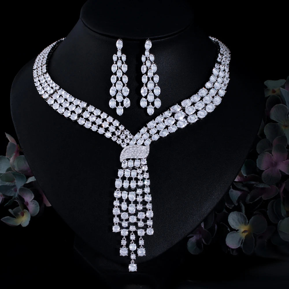 Super Shiny Luxury Cubic Zirconia Long Big Earrings and Necklace Set Party Wedding Bridal Jewelry Set for Women Jewellery