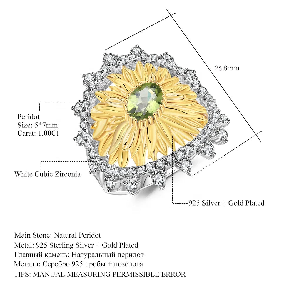 ArtistA C7614 Guangzhou Turkish 925 Solid Sterling Silver Natural Peridot Gemstone Sunflower Jewelry Set